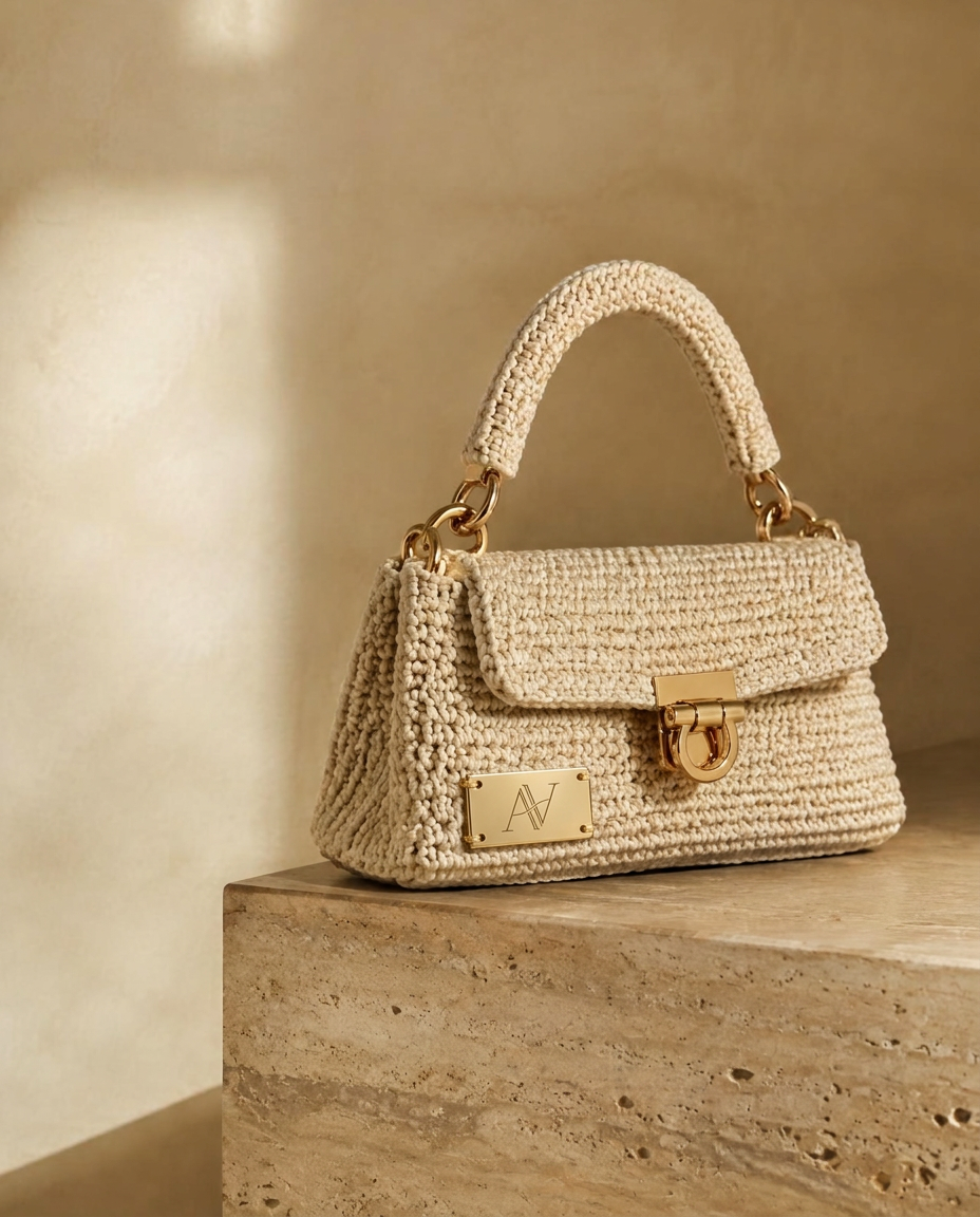 Gehäkelte ALEVA-Tasche in Ivory mit goldenem Verschluss