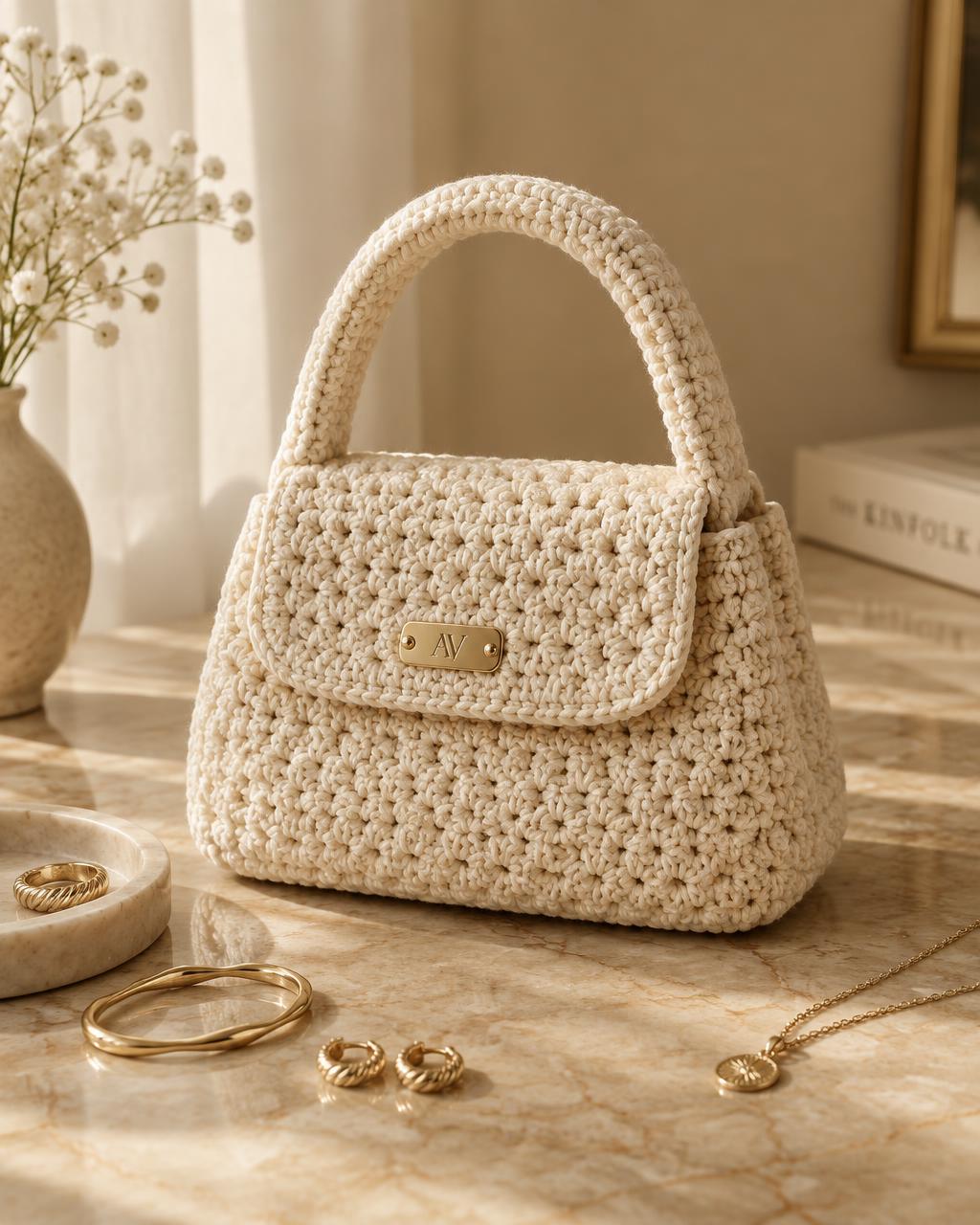 Gehäkelte ALEVA-Tasche in Ivory mit goldener AV-Plakette auf Marmor
